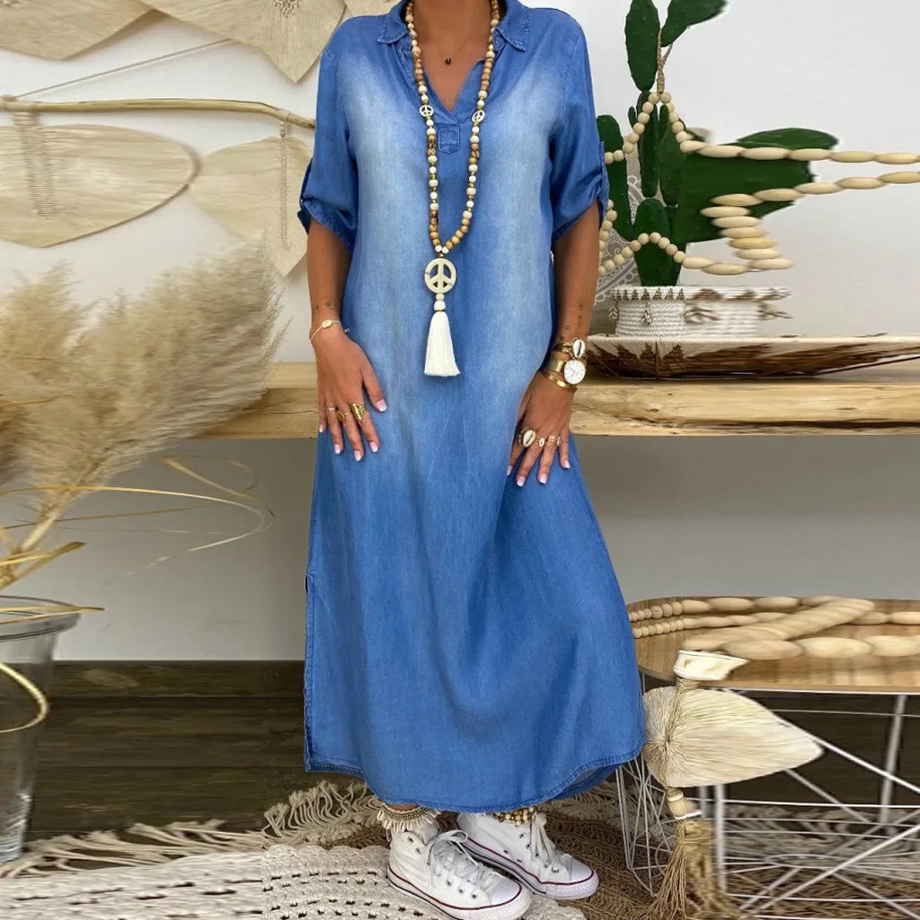 Lea - Robe Longue Décontractée en Denim